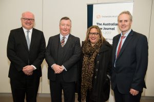 L to R: Commonwealth Attorney-General Sen the Hon George Brandis QC, the Hon Justice François Kunc, Professor Megan Davis, ANZ Product Management Director Carl Olson.